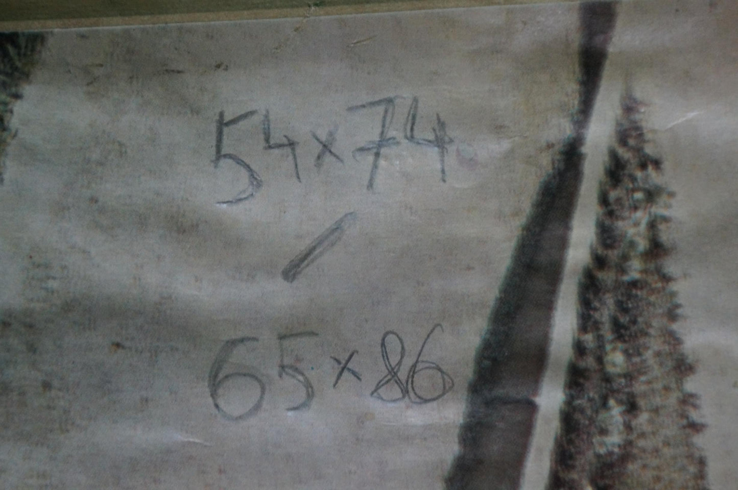 Back of Alexander Zhivotkov Shore landscape oil painting with handwritten measurements on gray paper
