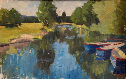 Serene impressionist oil painting of trees along tranquil river