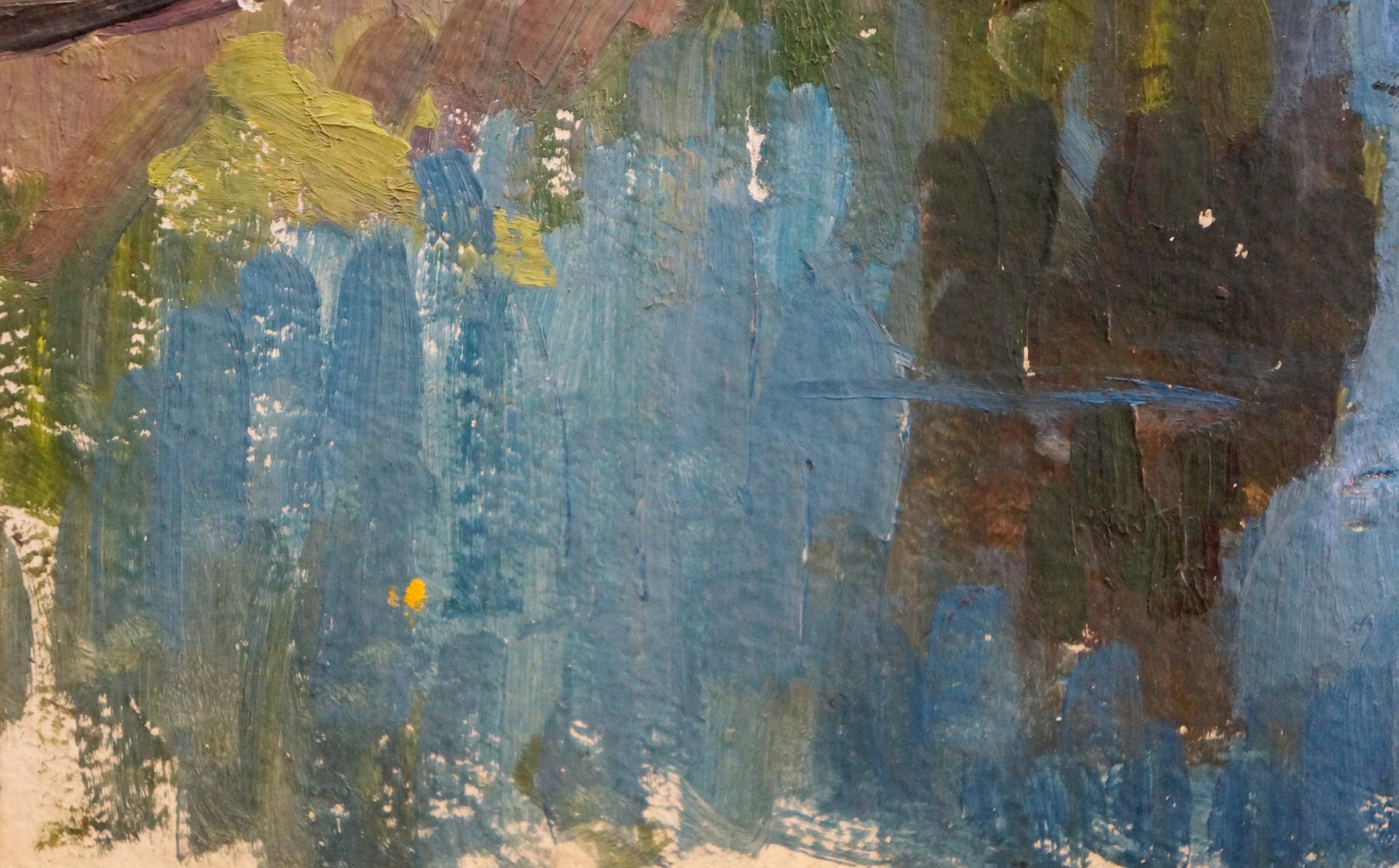 Oil painting of trees along river with abstract blue green brown brushstrokes