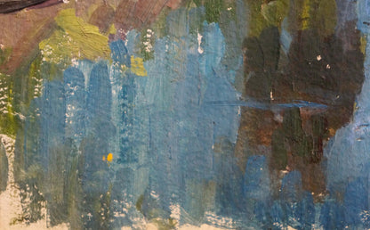 Oil painting of trees along river with abstract blue green brown brushstrokes
