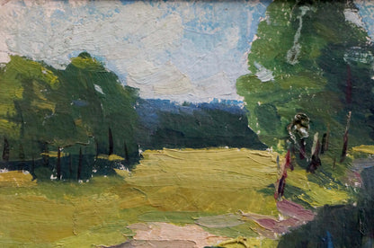 Oil painting of trees along river in sunlit landscape by unknown artist