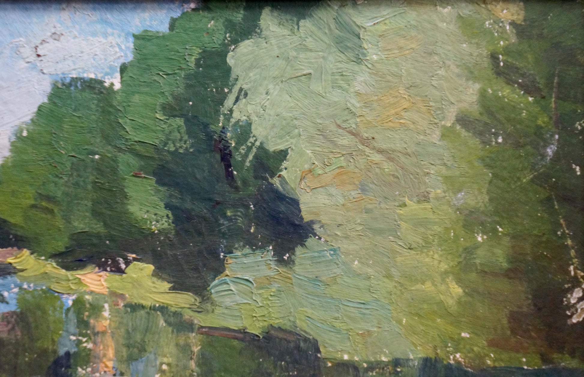 Textured oil painting of trees along river by unknown artist