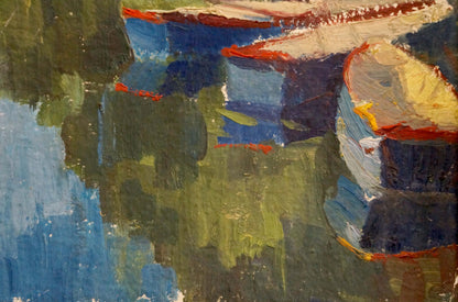 Abstract oil painting of trees along river in blue green ochre red accents