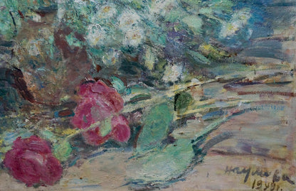 Vibrant pink roses with green leaves impressionist oil painting by Naumova Tamara Sergeevna
