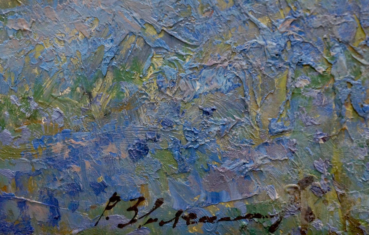 Oil painting Flax blossomed by Zvyagintsev Rostislav Mikhailovich with textured impasto in blue green yellow