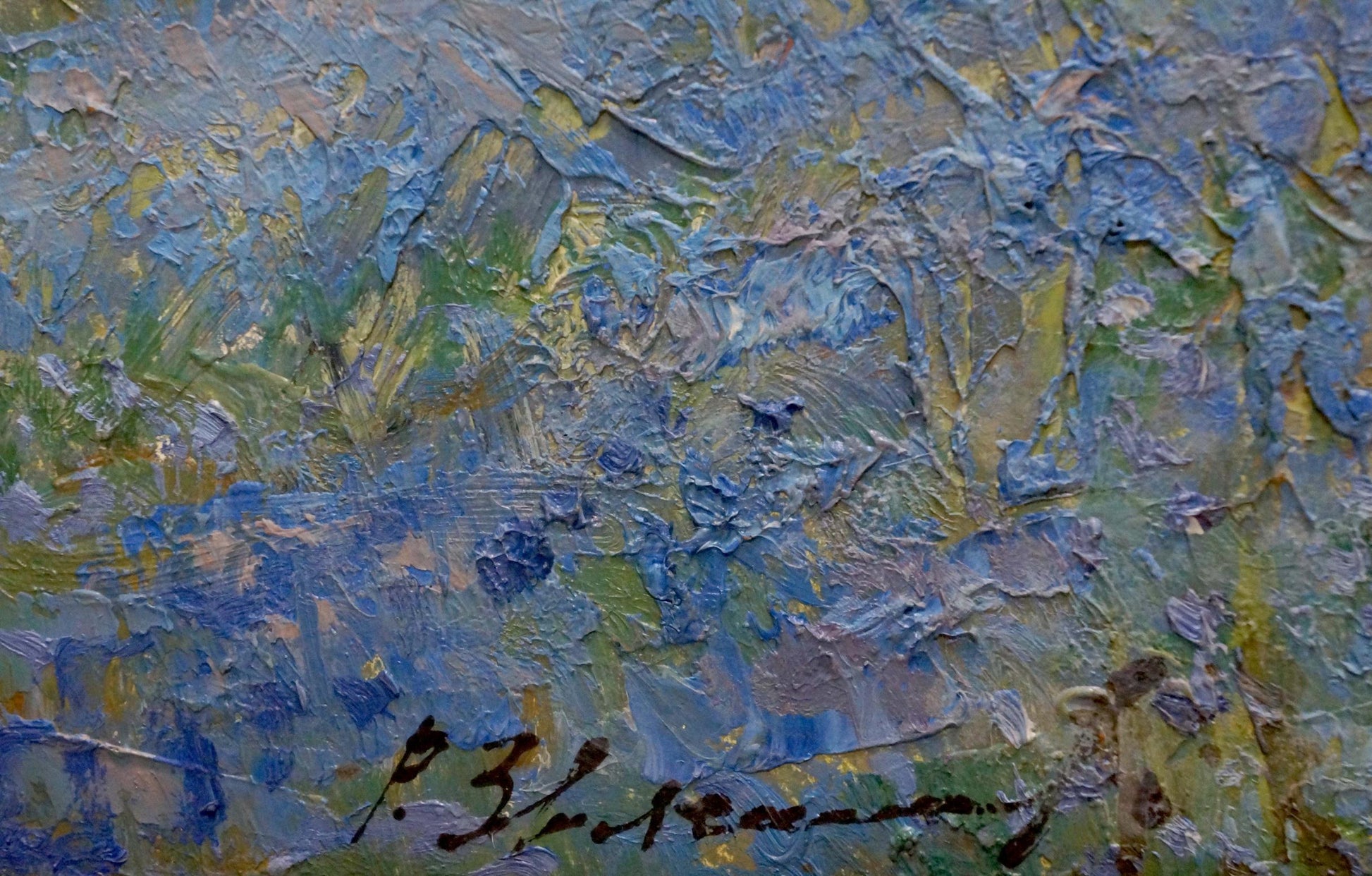 Oil painting Flax blossomed by Zvyagintsev Rostislav Mikhailovich with textured impasto in blue green yellow
