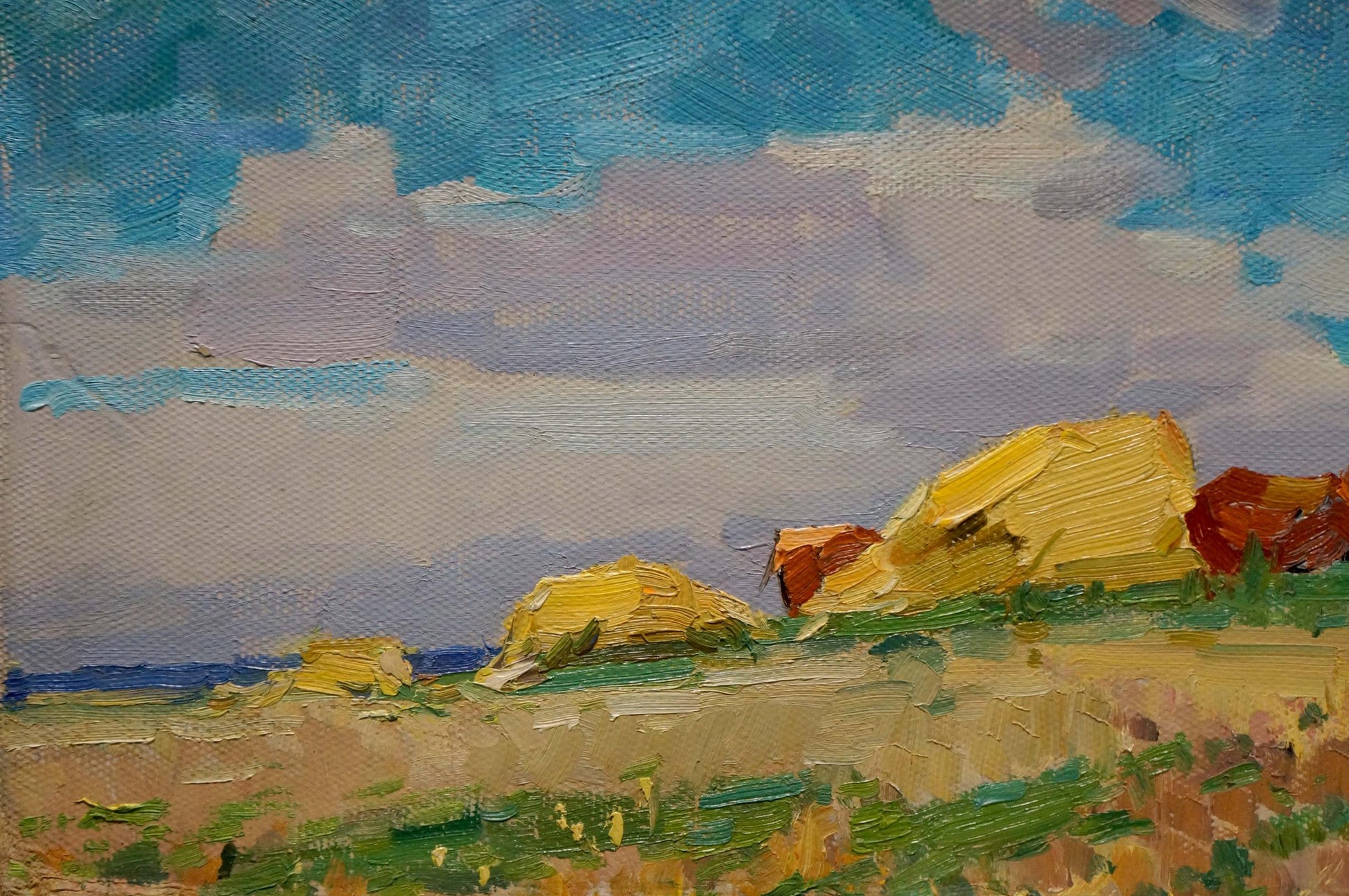 Oil painting Sunny day by Sevastyanov Viktor Grigorievich: golden haystacks under blue-purple sky