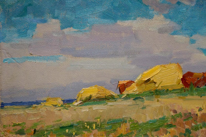Oil painting Sunny day by Sevastyanov Viktor Grigorievich: golden haystacks under blue-purple sky