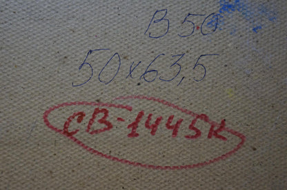 Back of Sevastyanov Viktor Grigorievich Sunny day oil painting with red cb-1445k stamp on canvas