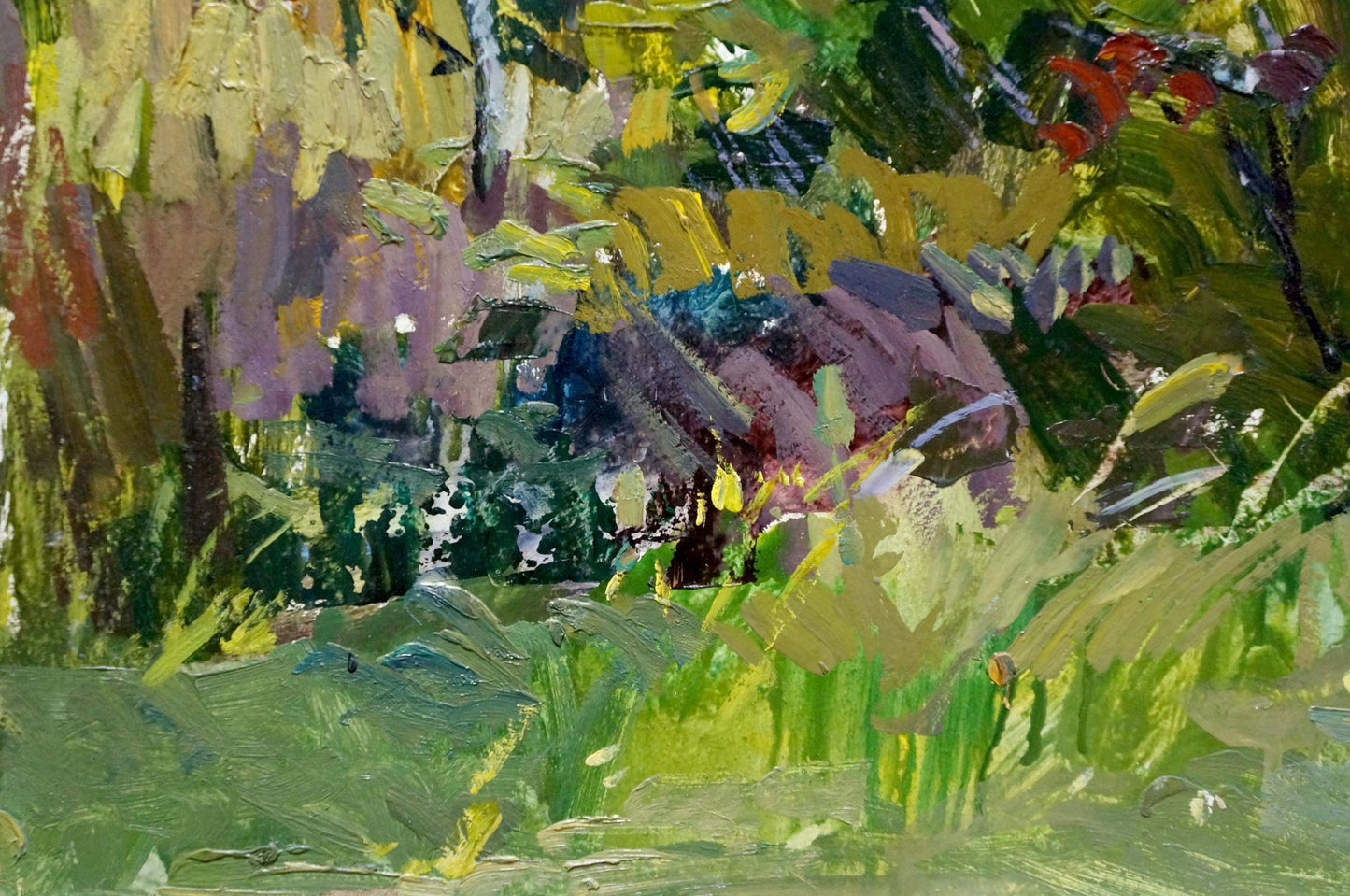 Vibrant impressionist oil painting of sunlit summer forest by Kokin Mikhail Alexandrovich