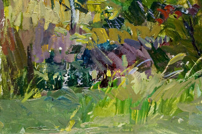 Vibrant impressionist oil painting of sunlit summer forest by Kokin Mikhail Alexandrovich