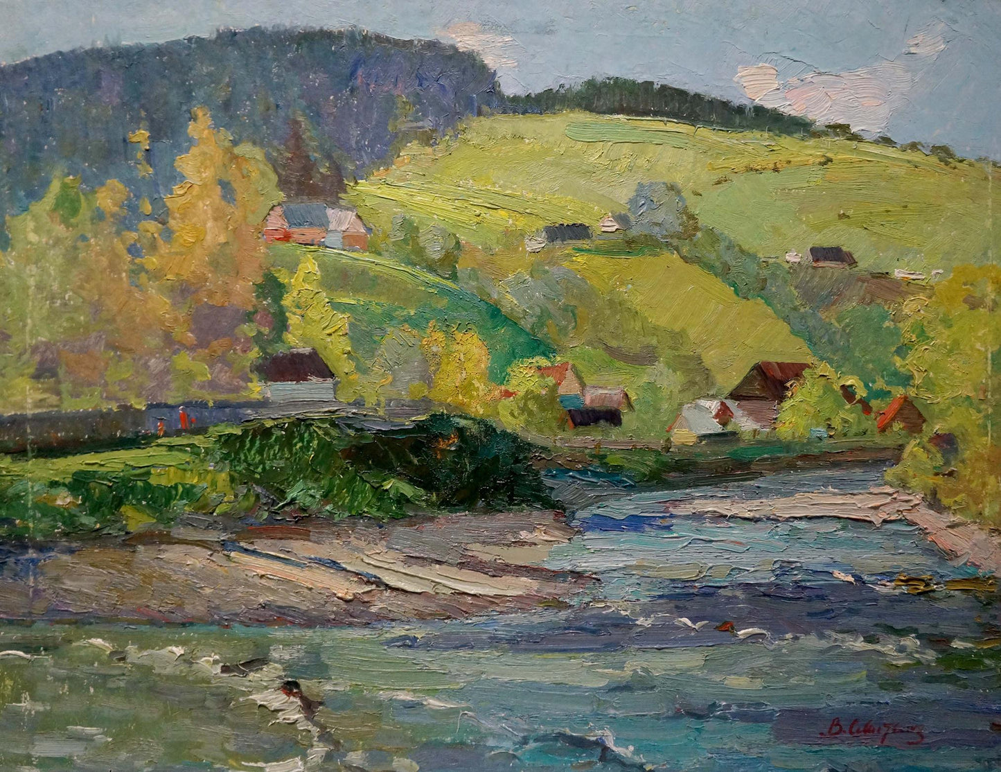 Vibrant impasto oil painting of village by mountain by Sevastyanov Viktor Grigorievich