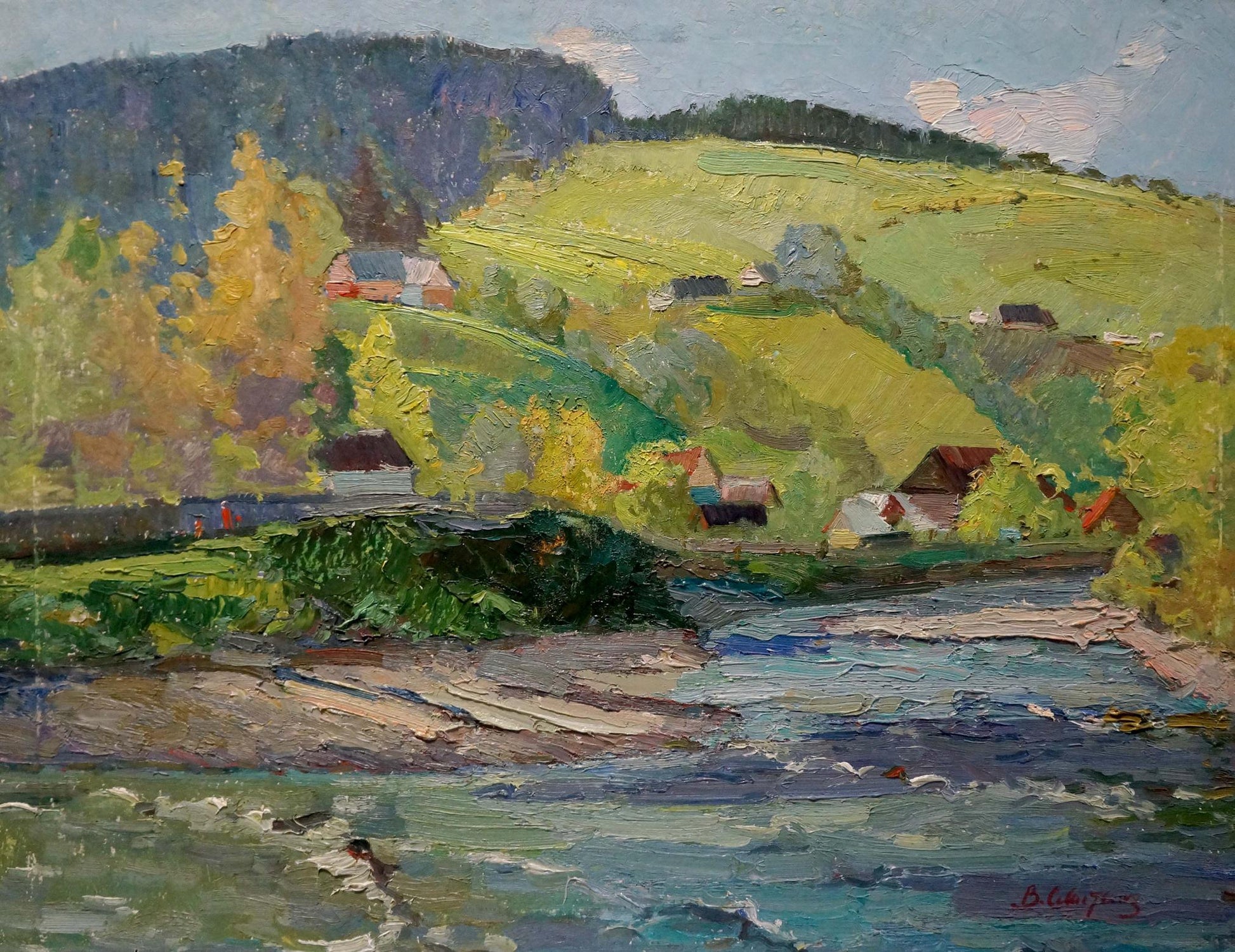 Vibrant impasto oil painting of village by mountain by Sevastyanov Viktor Grigorievich