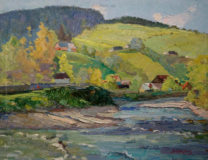 Vibrant impasto oil painting of village by mountain by Sevastyanov Viktor Grigorievich