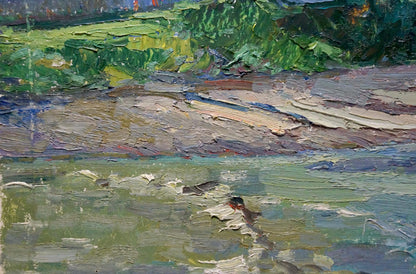 Oil painting of village by mountain by Sevastyanov Viktor Grigorievich