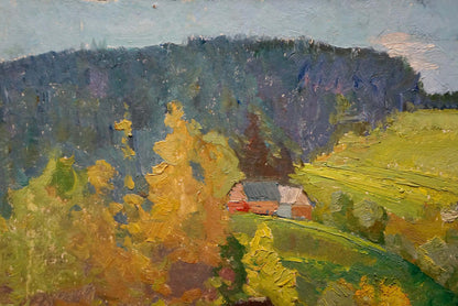 Oil painting of red barn village by mountain by Sevastyanov Viktor Grigorievich