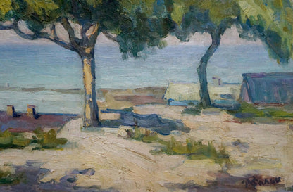 Serene impressionist oil painting by Robert Rafailovich Falk: trees by calm water