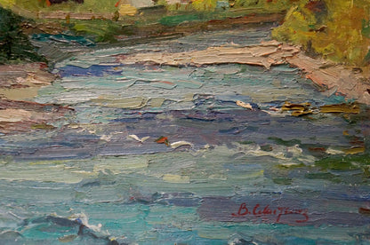 Impressionistic oil painting of village by mountain by Sevastyanov Viktor Grigorievich