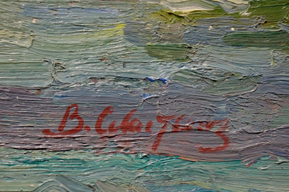 Textured green blue oil painting Village by the Mountain by Sevastyanov with red signature