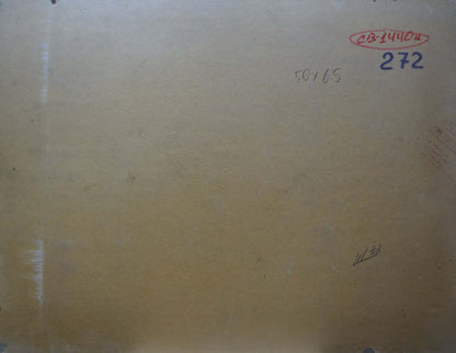 Back of Sevastyanov Viktor Grigorievich oil painting with beige textured panel, markings and stamped numbers