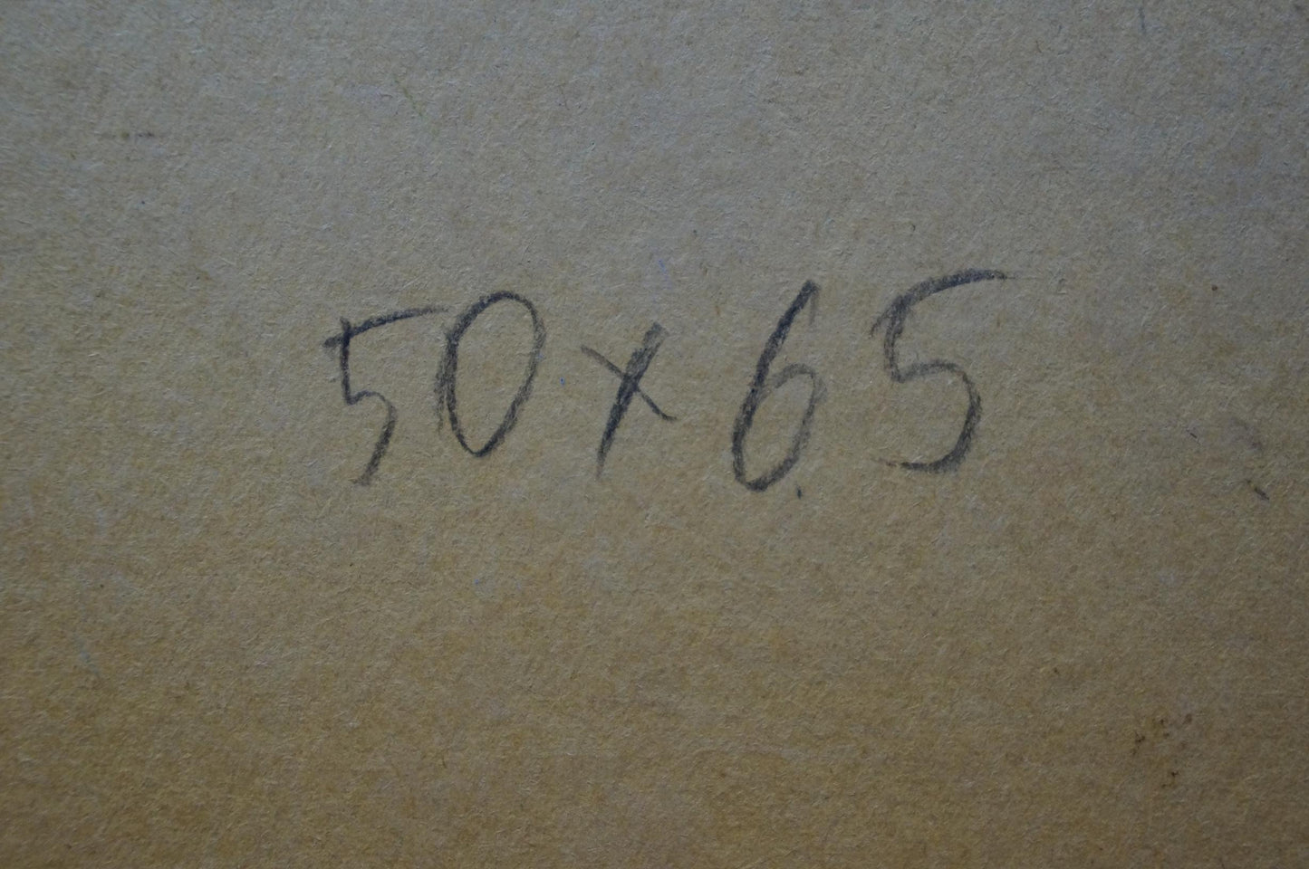 Back of Sevastyanov Viktor Grigorievich oil painting with 50x65 handwritten in black ink on beige textured surface