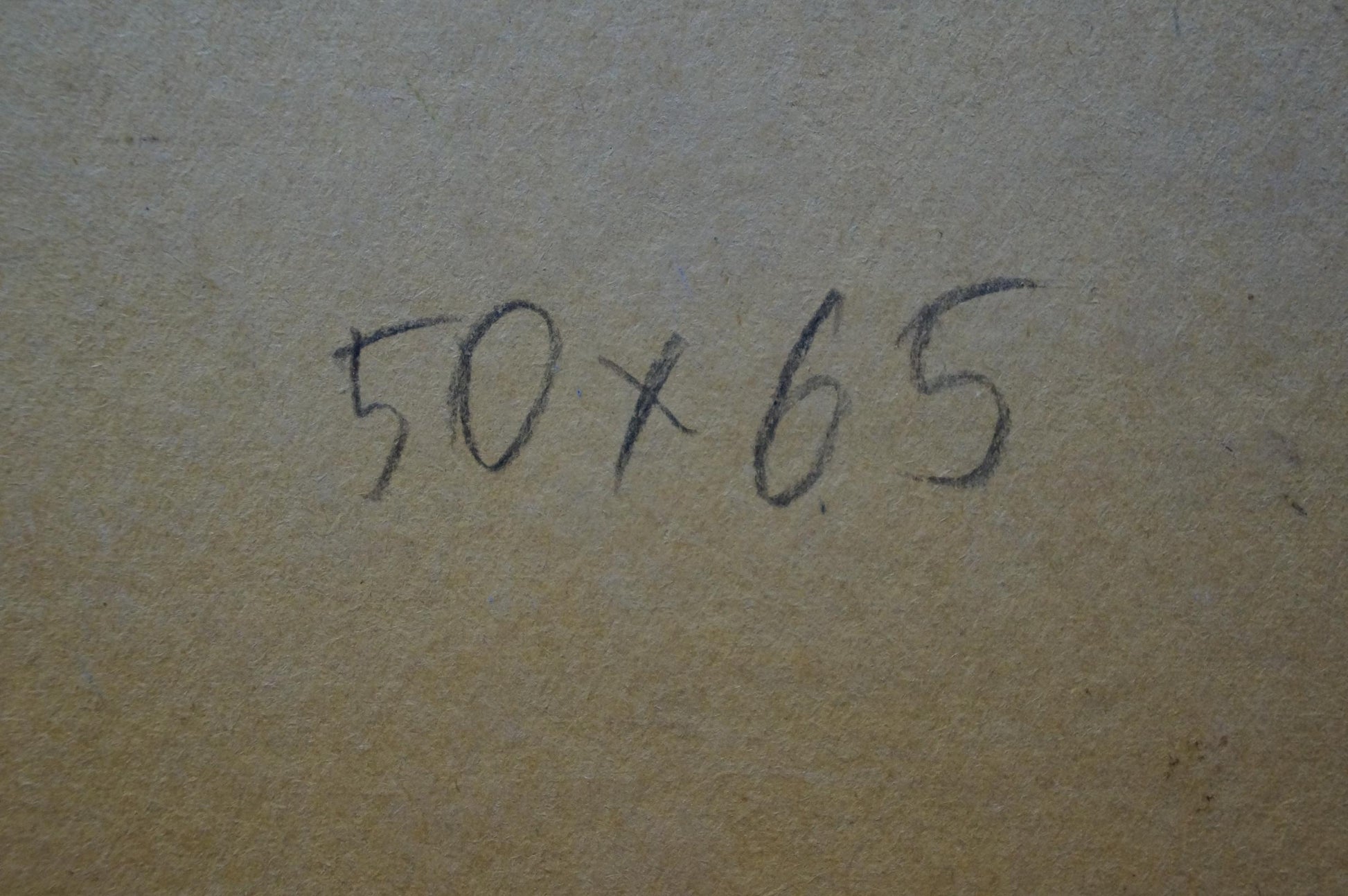 Back of Sevastyanov Viktor Grigorievich oil painting with 50x65 handwritten in black ink on beige textured surface