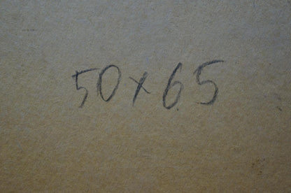 Back of Sevastyanov Viktor Grigorievich oil painting with 50x65 handwritten in black ink on beige textured surface
