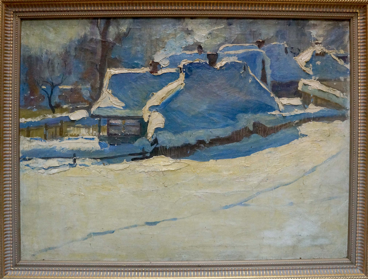 Framed Oil painting Winter has come by Petrov George Petrovich snowy village