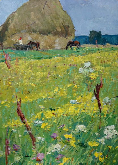 Oil painting of rustic haystacks by Sevastyanov Viktor Grigorievich