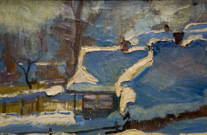 Oil painting Winter has come by George Petrovich Petrov: snowy rooftops and trees