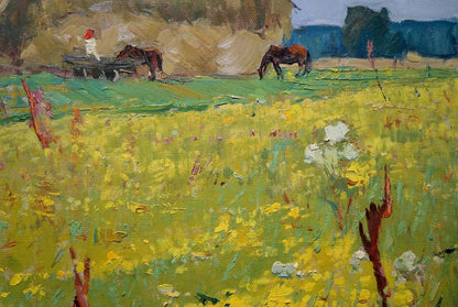 Impressionistic oil painting of vibrant yellow wildflower field by Sevastyanov Viktor Grigorievich