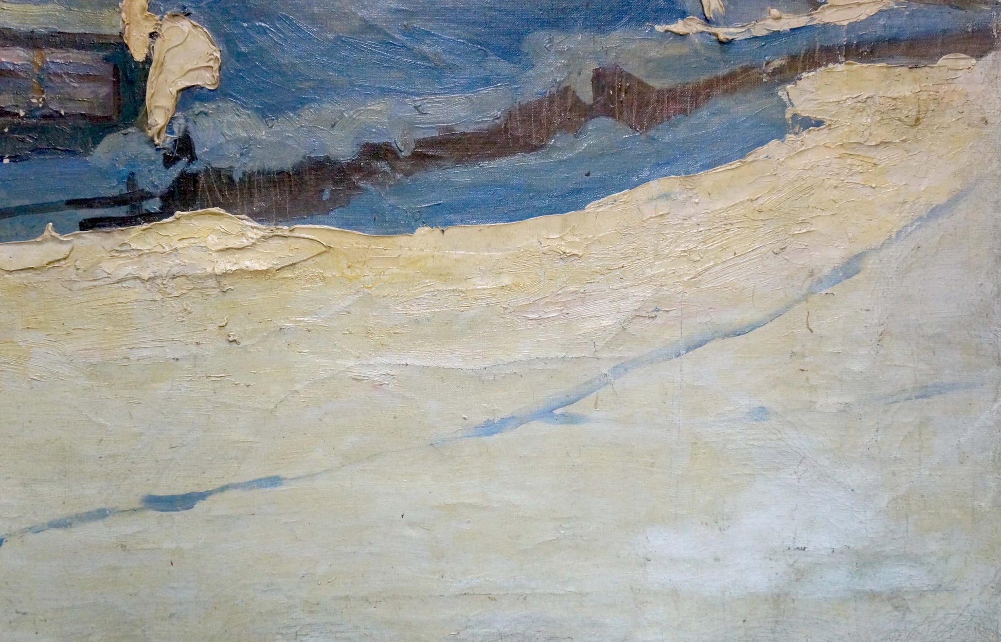 Textured impasto oil painting of sandy beach by George Petrovich Petrov, Winter has come
