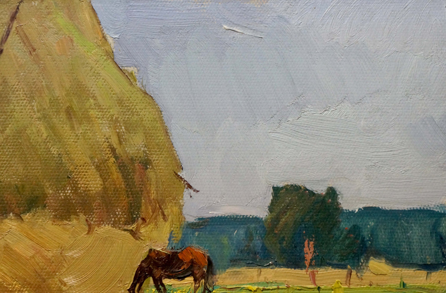 Oil painting Haystacks by Sevastyanov Viktor Grigorievich: brown horse grazes by golden hay bale under impressionistic sky