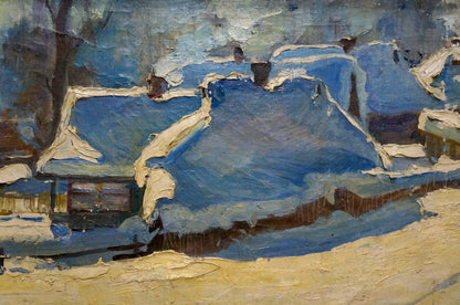 Oil painting Winter has come by George Petrovich Petrov: blue snow-covered rooftops