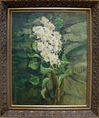Framed oil painting of white lilac branch by Oleinik Anna Petrovna