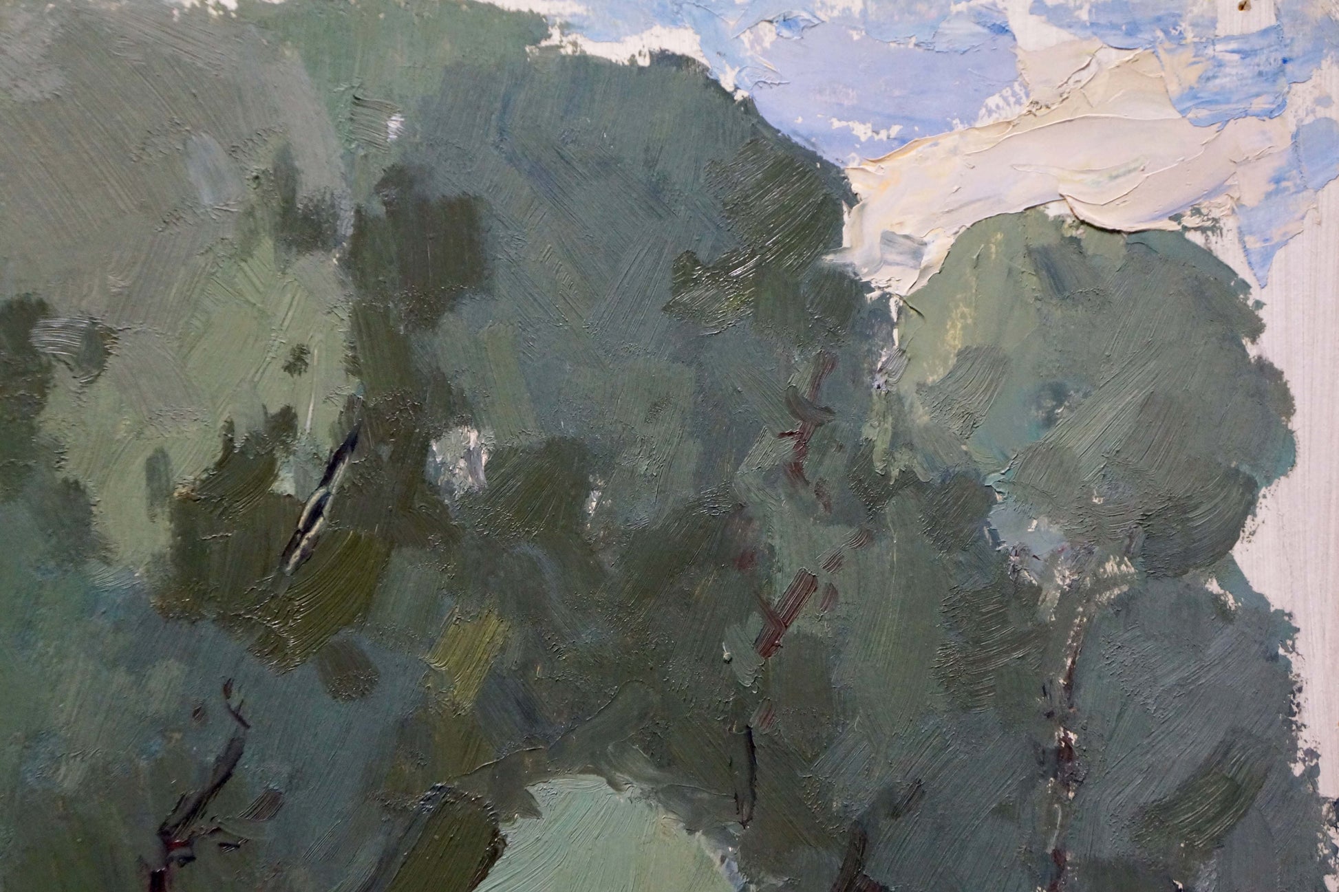 Old oak oil painting by Sevastyanov Viktor Grigorievich, textured green-gray impasto