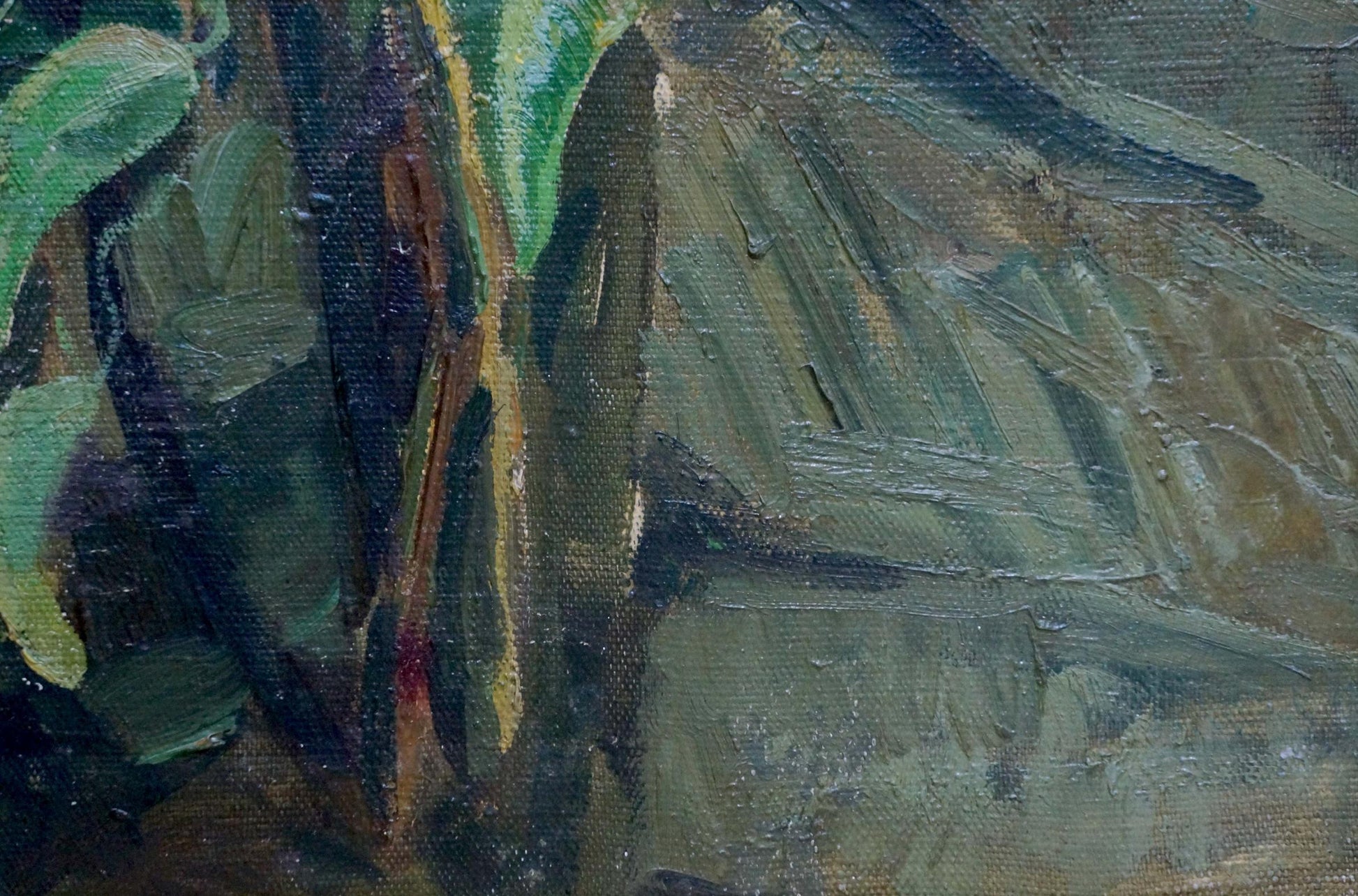 Oil painting of lilac branch by Oleinik Anna Petrovna in green earthy tones