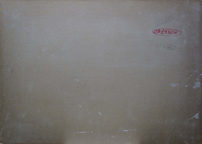 Back of oil painting Old oak by Sevastyanov Viktor Grigorievich, beige textured surface with faint red and black markings