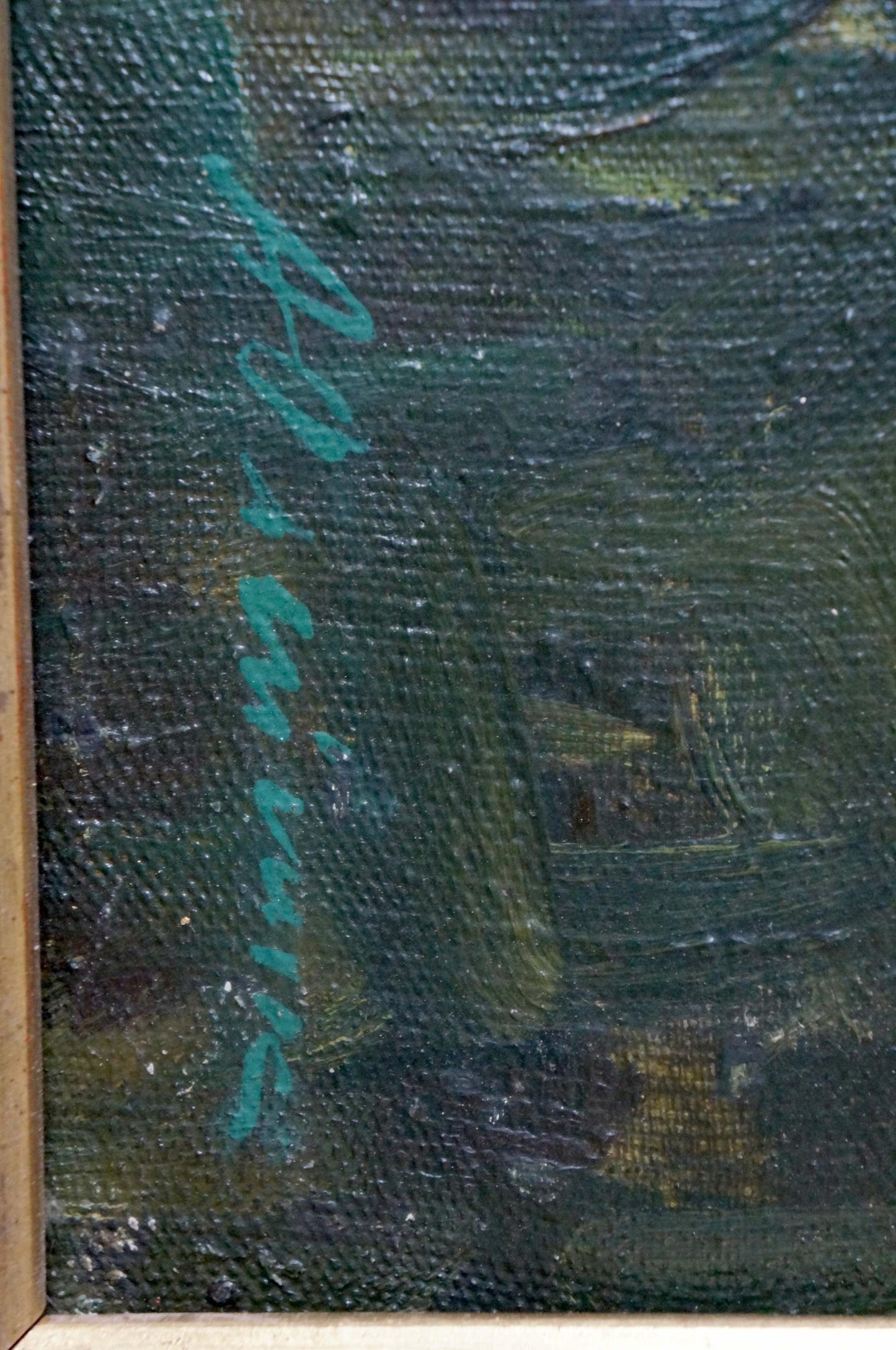 Teal signature on dark green canvas back of Oil painting Lilac branch by Oleinik Anna Petrovna