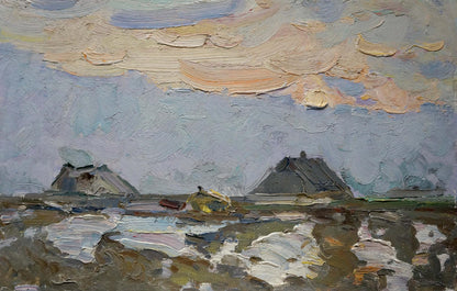 Oil painting of houses on outskirts by Sevastyanov Viktor Grigorievich