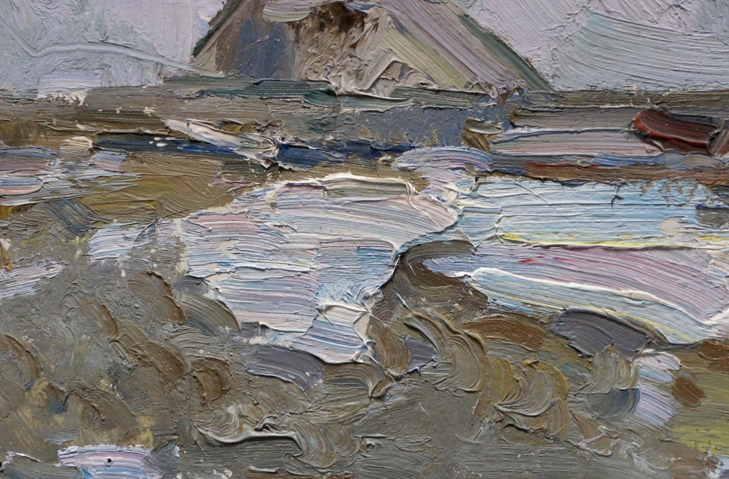 Textured impasto oil painting of houses on outskirts by Sevastyanov Viktor Grigorievich