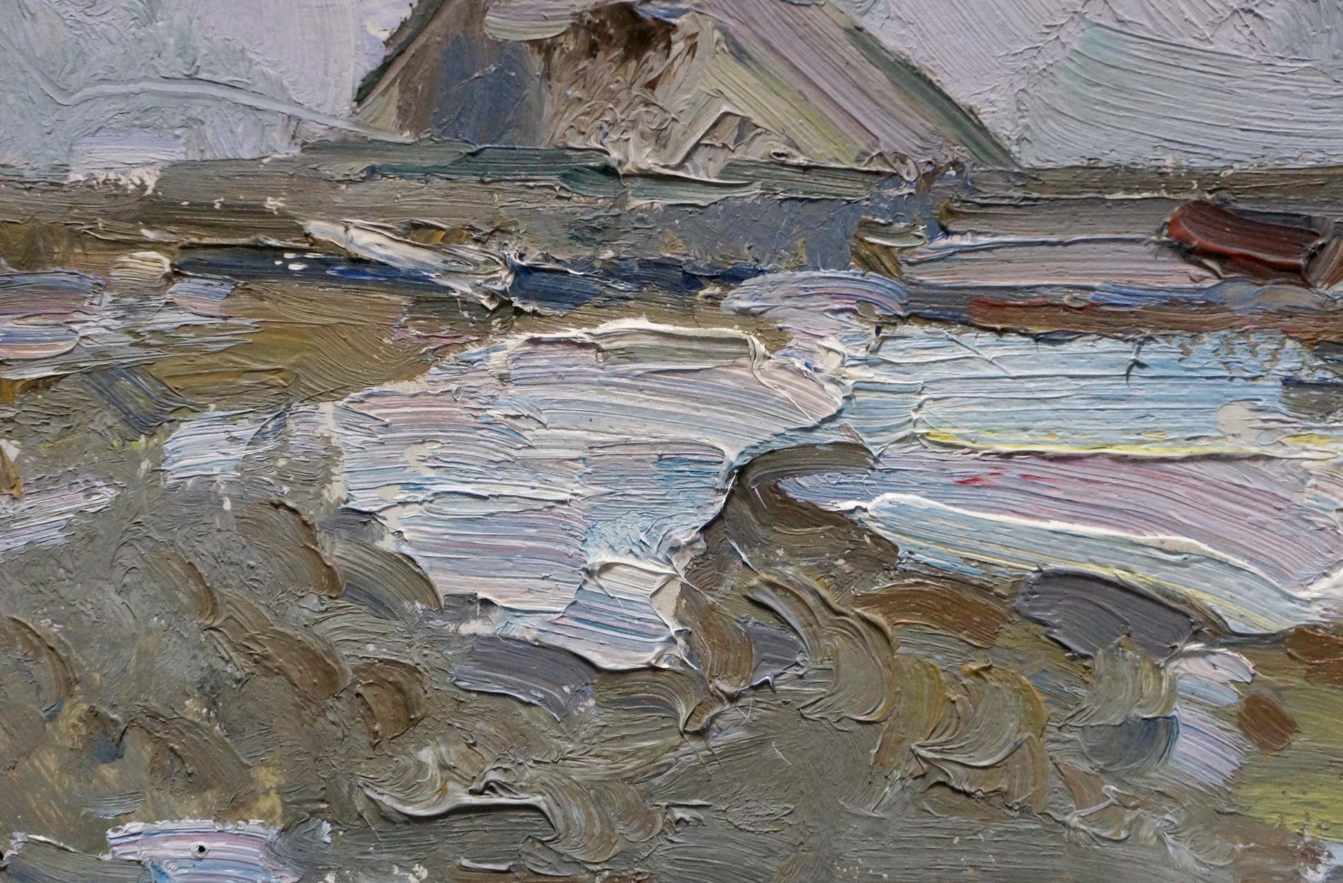 Textured impasto oil painting of houses on outskirts by Sevastyanov Viktor Grigorievich