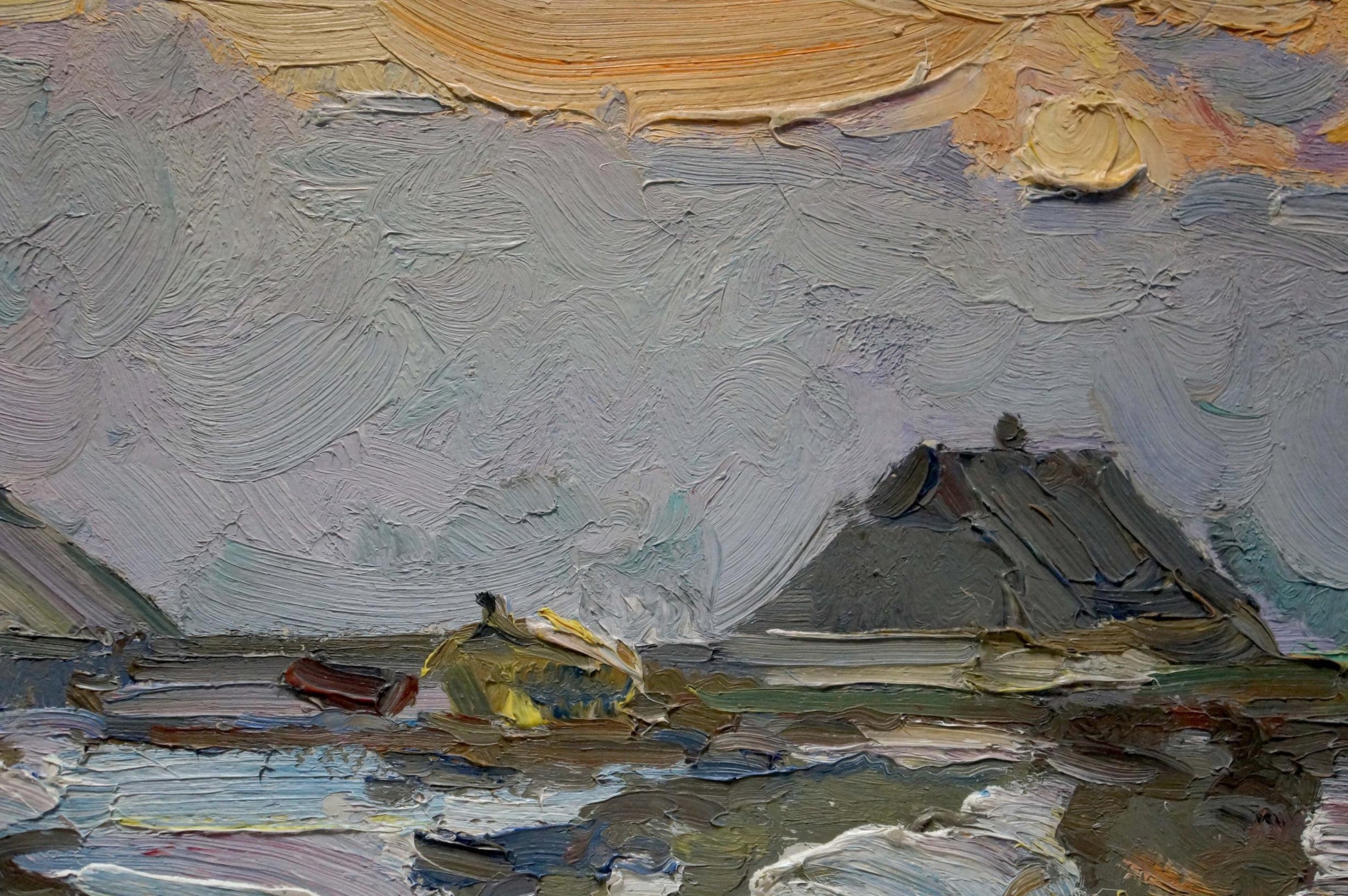 Textured oil painting by Sevastyanov Viktor Grigorievich: coastal houses, yellow boat, orange sky