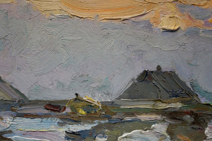 Textured oil painting by Sevastyanov Viktor Grigorievich: coastal houses, yellow boat, orange sky