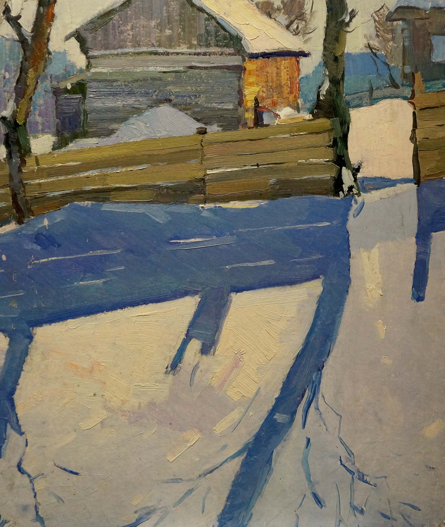 Oil painting of rustic brown fence, snow-dusted branches and barn by Viktor Grigorievich Sevastyanov