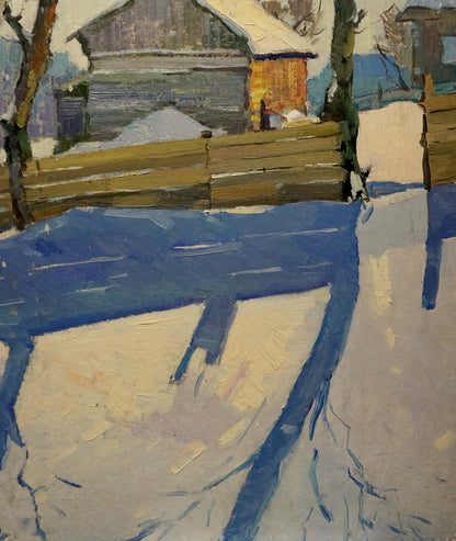 Oil painting of rustic brown fence, snow-dusted branches and barn by Viktor Grigorievich Sevastyanov