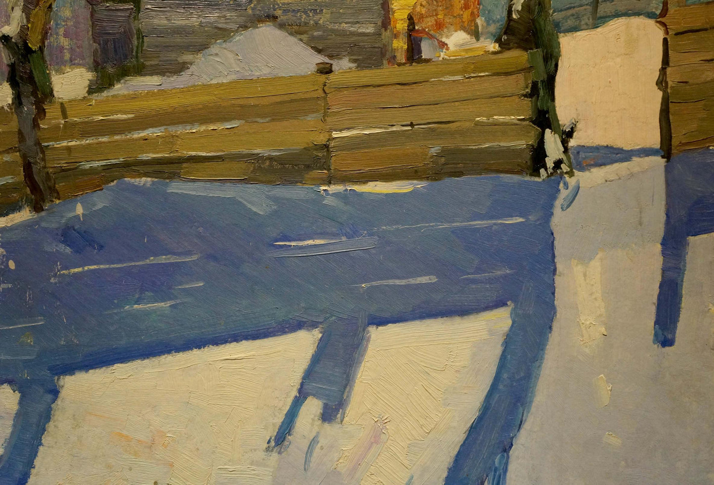 Oil painting of snowy courtyard fence by Viktor Grigorievich Sevastyanov