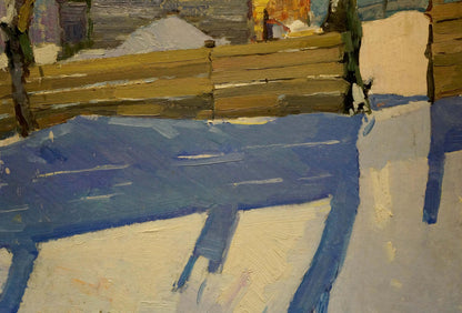 Oil painting of snowy courtyard fence by Viktor Grigorievich Sevastyanov