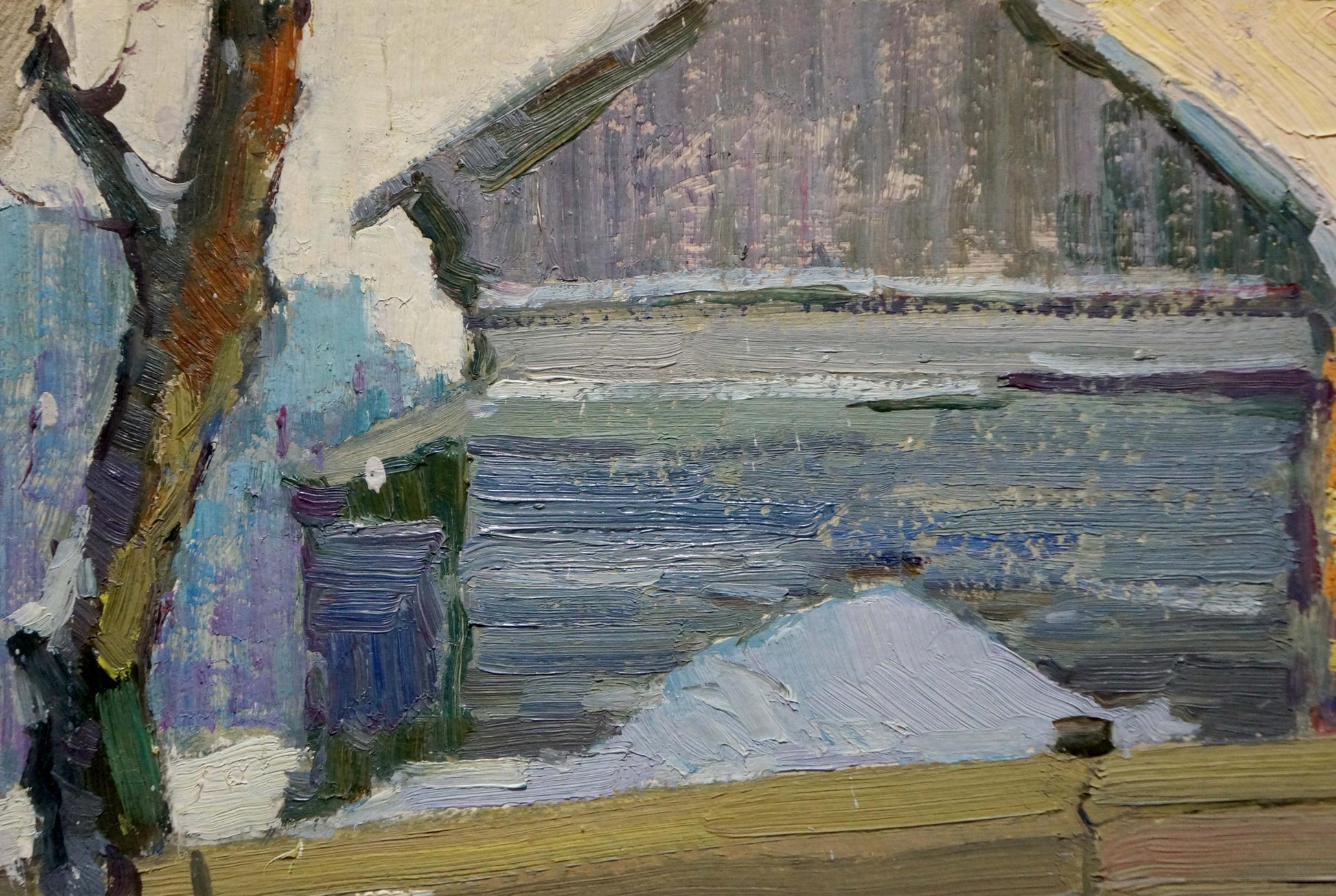 Snow-covered tree trunk in Viktor Grigorievich Sevastyanov oil painting