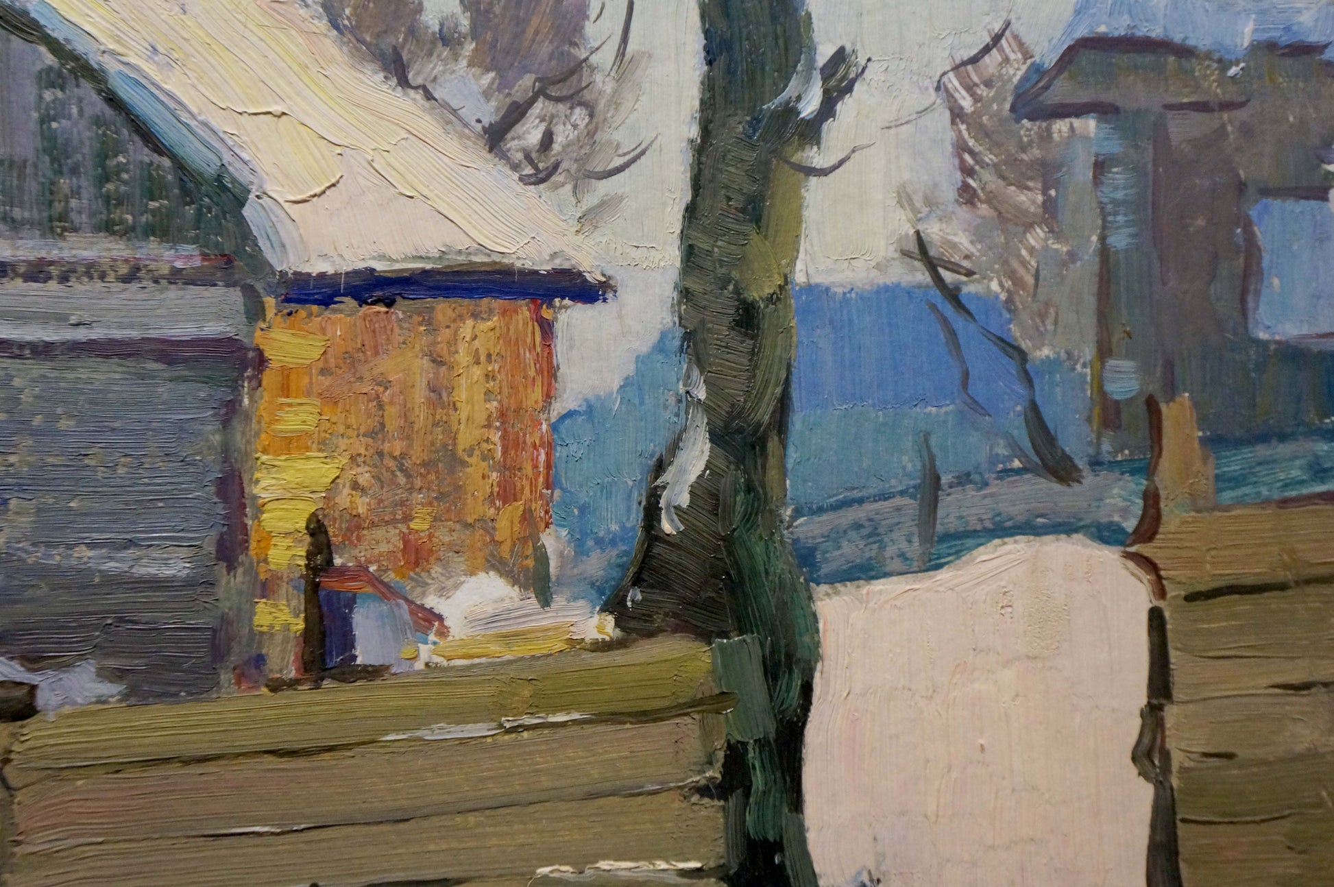 Oil painting of snowy courtyard landscape by Viktor Grigorievich Sevastyanov